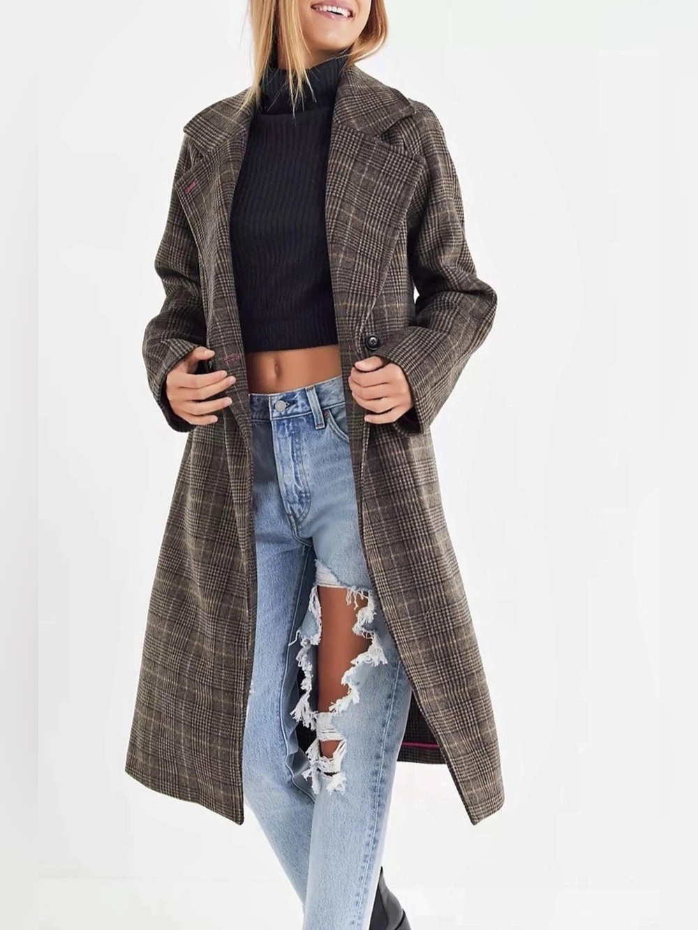 Avec Les Filles Plaid Longline Trench Pea Coat Brown Black Wool Blend L